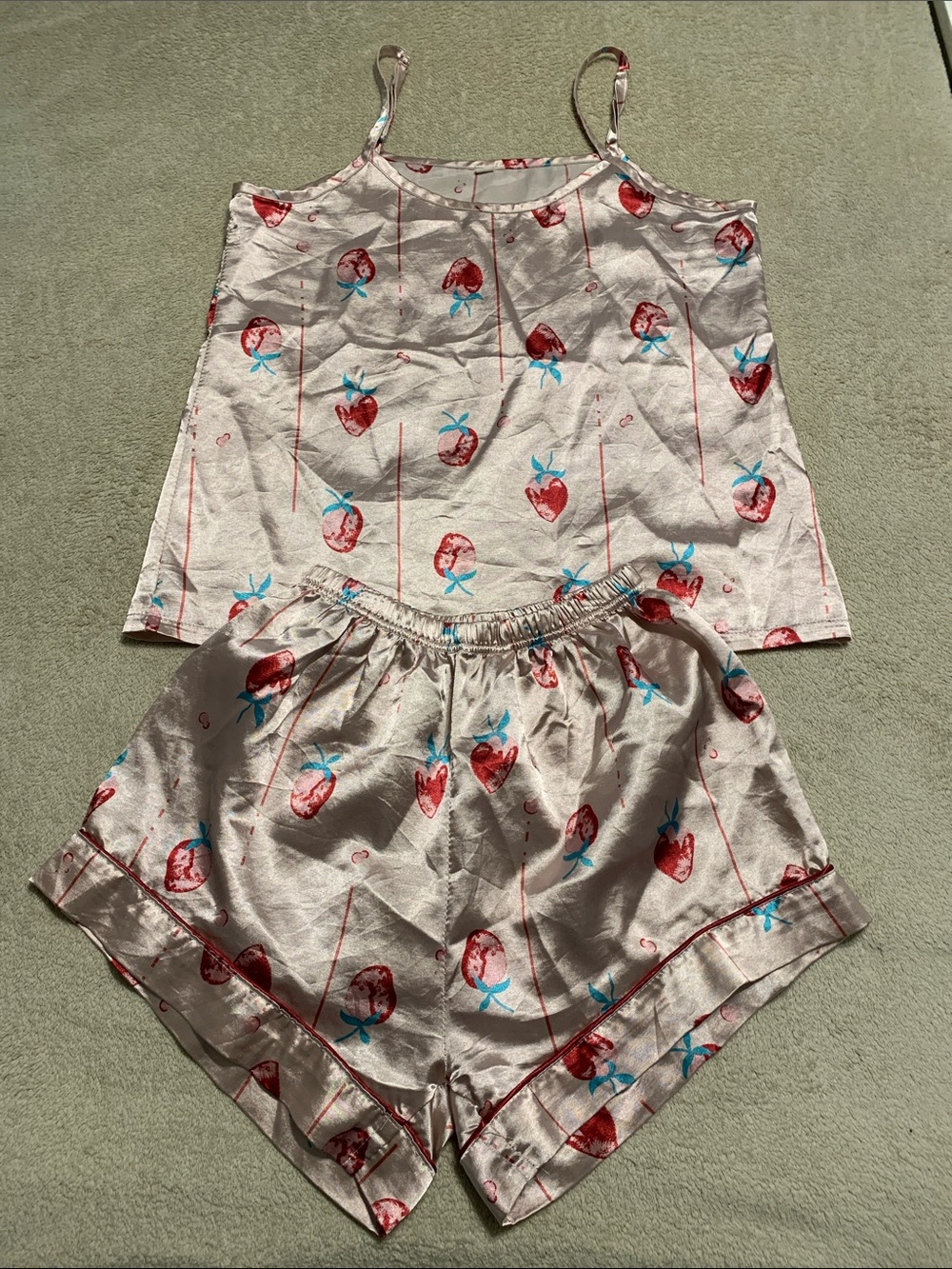SHEIN Strawberry Print Satin Cami & Shorts Pajama Set in Light Pink and Red